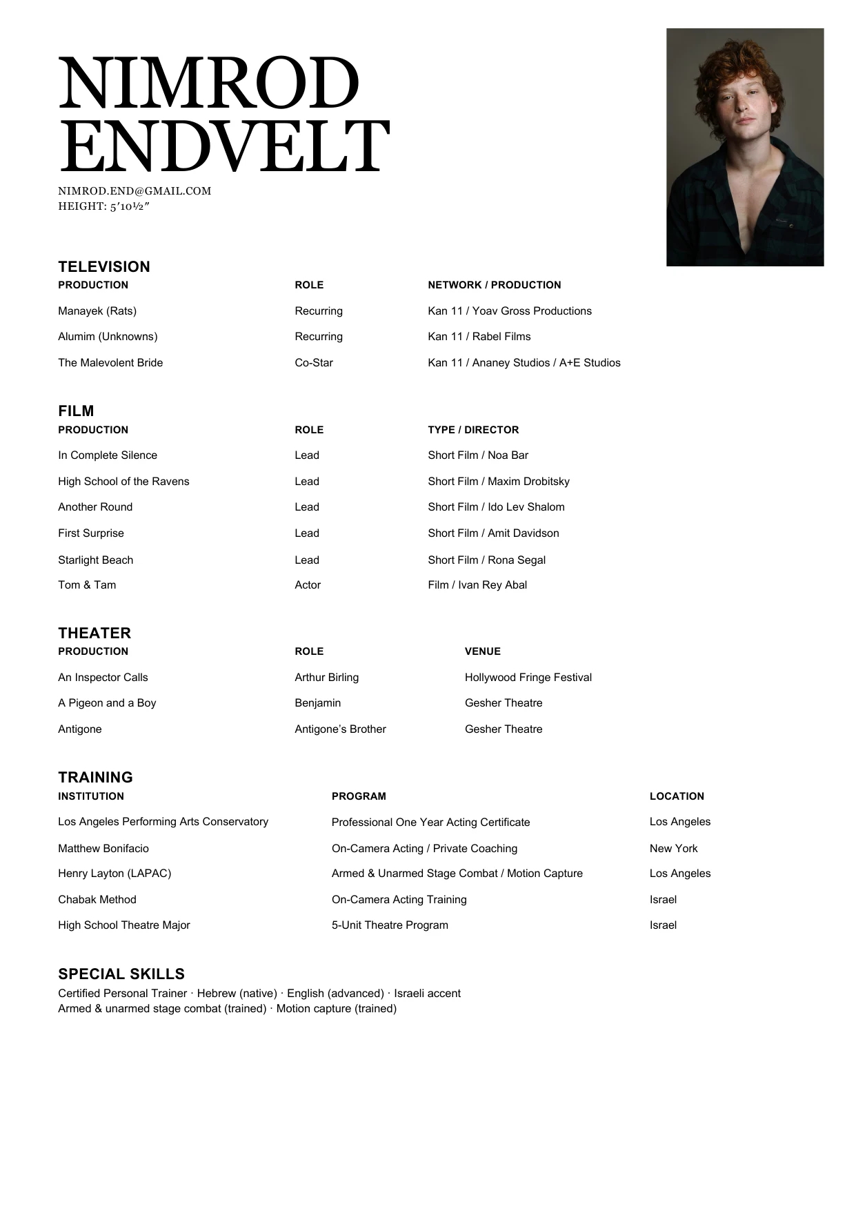 Nimrod Endvelt one-page acting résumé
